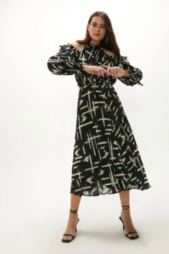 Coast Geo Textured Cold Shoulder Midi Dress