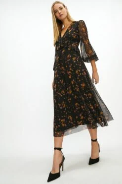 Coast Printed Mesh Peplum Ruffle Midi Dress