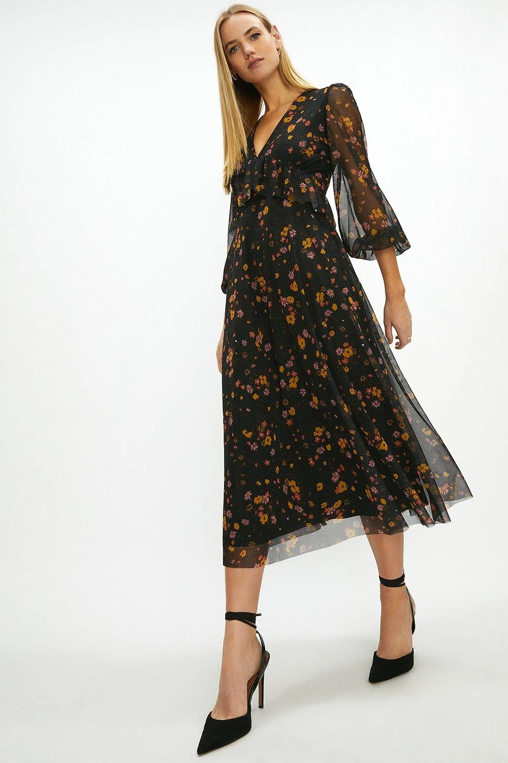 Coast Printed Mesh Peplum Ruffle Midi Dress 3 Coast Printed Mesh Peplum Ruffle Midi Dress