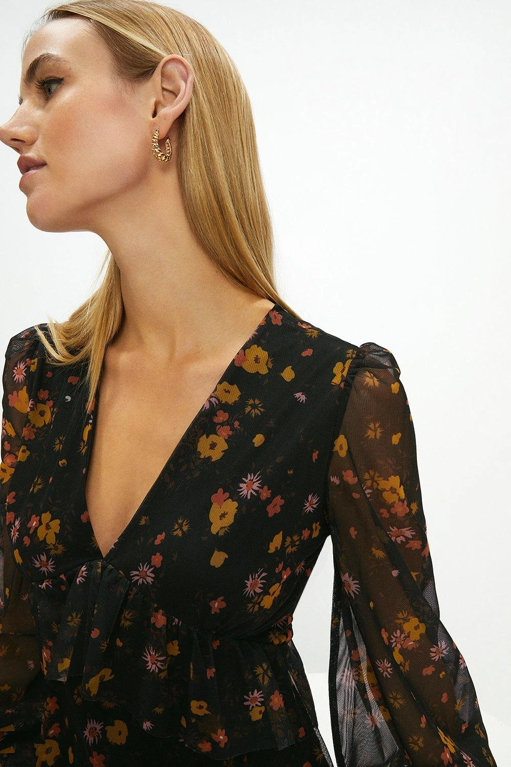 Coast Printed Mesh Peplum Ruffle Midi Dress 4 Coast Printed Mesh Peplum Ruffle Midi Dress - Image 2