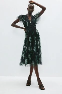 Coast Printed Pleated Mesh Tea Dress