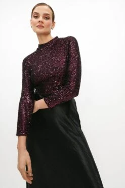 Coast Sequin High Neck Long Sleeve Top 