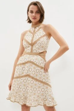 Coast Cotton Broderie Cutout Halter Mini Dress