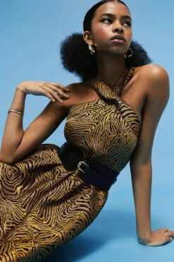 Coast Cross Front Belted Animal Print Jacquard Midi Dress