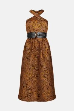 Coast Cross Front Belted Animal Print Jacquard Midi Dress -Simply Feminine Shop bcc00761 neutral xl 3