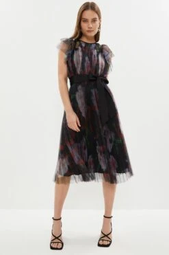 Coast Petite Pleated Mesh Belted Midi Dress