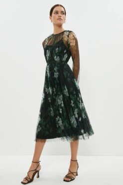 Coast Petite Long Sleeve Pleated Mesh Midi Dress