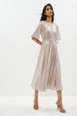 Coast Metallic Angel Sleeve Wrap Midi Dress