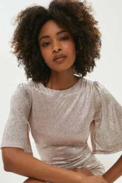 Coast Metallic Angel Sleeve Ruche Waist Dress