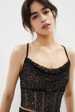 Coast Cowl Neck Corset Bodice All Over Sequin Top
