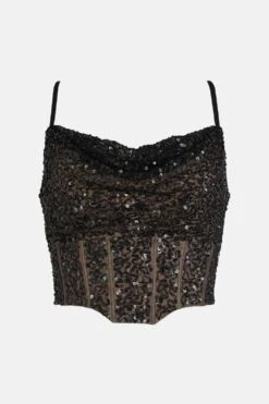 Coast Cowl Neck Corset Bodice All Over Sequin Top -Simply Feminine Shop bcc01232 black xl 3