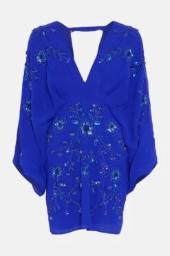 Coast All Over Beaded V Neck Kimono Mini Dress -Simply Feminine Shop bcc01477 cobalt xl 3