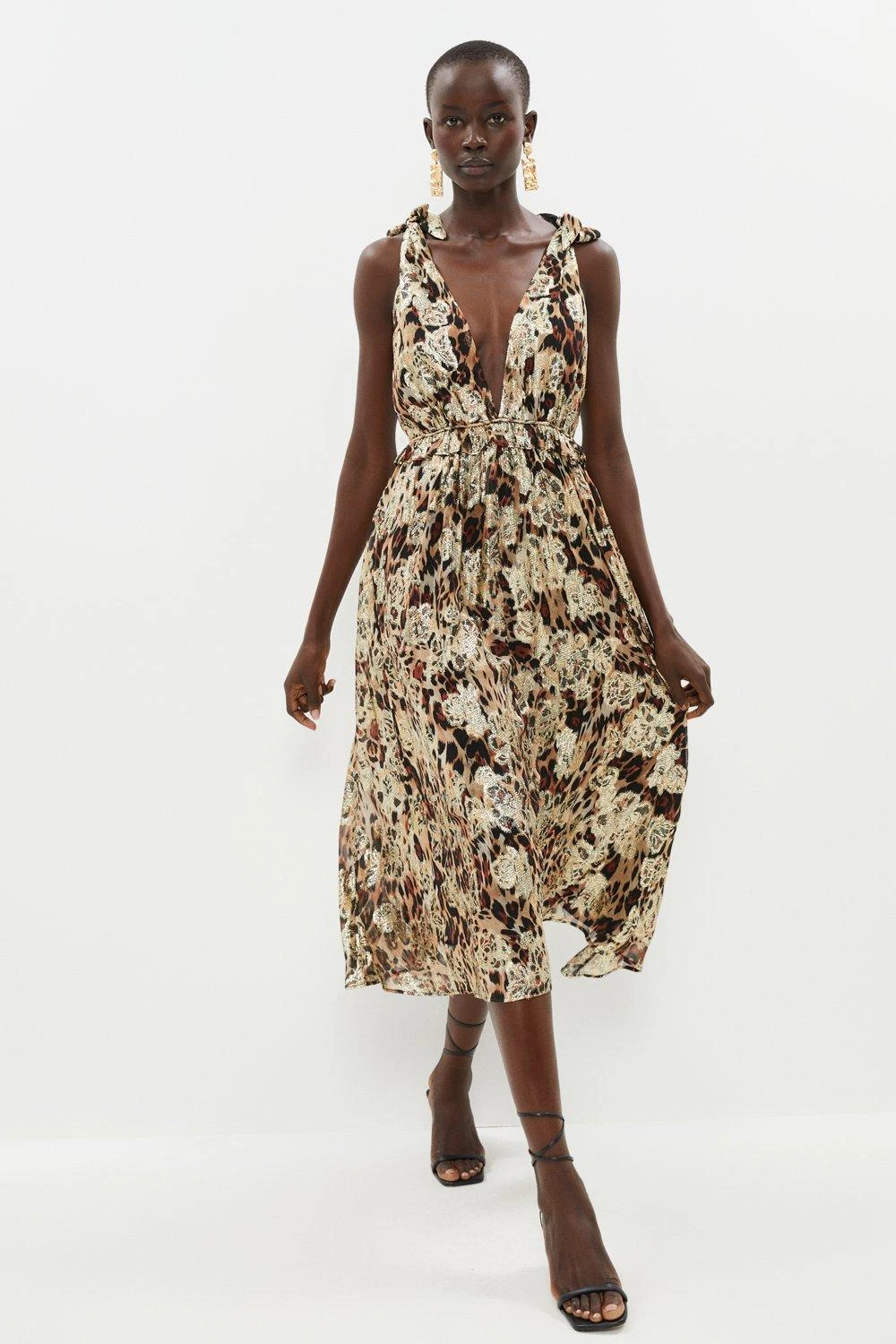 Coast Plunge Neckline Metallic A Line Dress With Self Tie 3 Coast Plunge Neckline Metallic A Line Dress With Self Tie