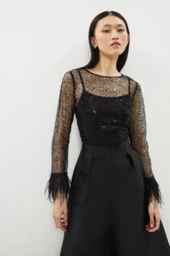 Coast Feather Cuff Sequin Top