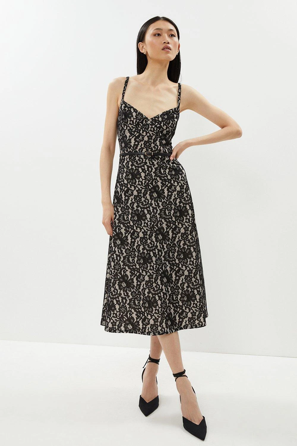 Coast Bonded Lace Belted Full Skirted Dress 3 Coast Bonded Lace Belted Full Skirted Dress