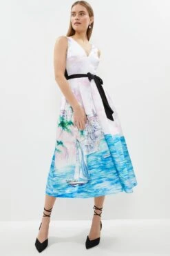 Coast Structured Twill Deep V Neck Midi Dress With Tie Back