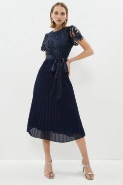 Coast Petite Belted Lace Bodice Pleat Skirt Midi Dress