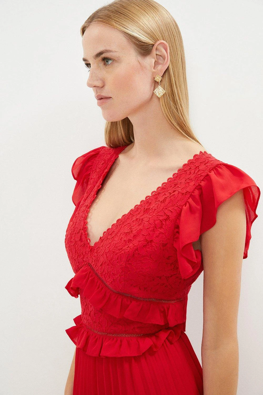 Coast Ruffle Detail Lace Bodice Pleat Skirt Dress 3 Coast Ruffle Detail Lace Bodice Pleat Skirt Dress