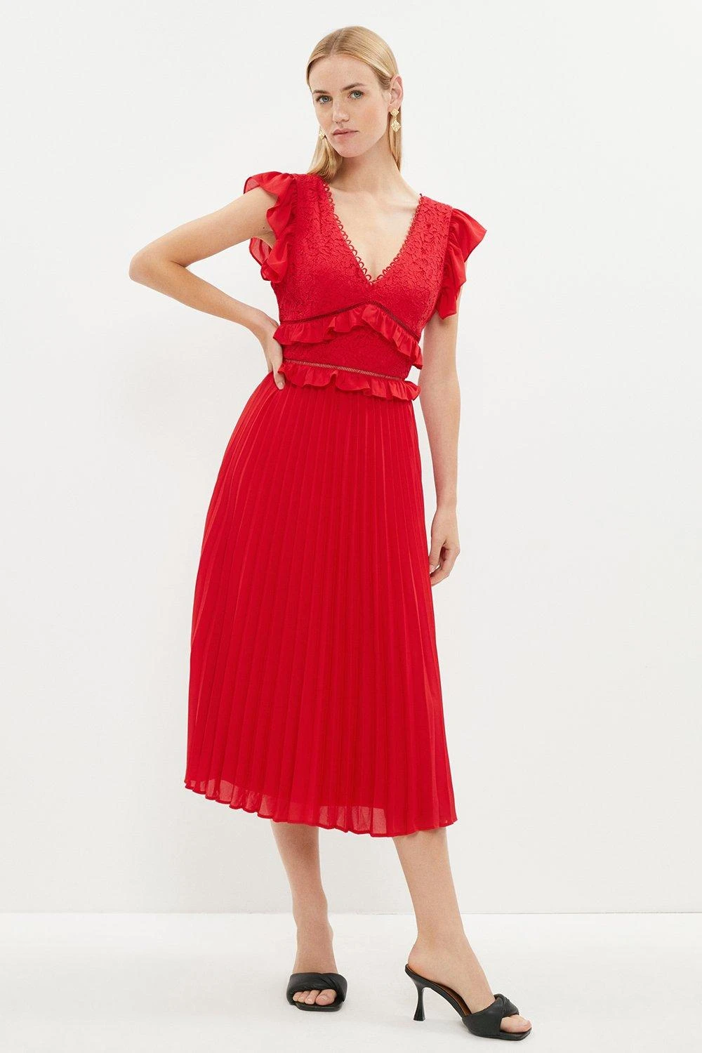 Coast Ruffle Detail Lace Bodice Pleat Skirt Dress 4 Coast Ruffle Detail Lace Bodice Pleat Skirt Dress - Image 2