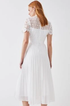 Coast Corded Lace Top Pleated Full Skirt Midi Dress -Simply Feminine Shop bcc03042 ivory xl 2