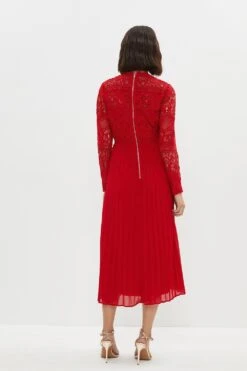 Coast Petite Sleeved Lace High Neck Pleated Dress -Simply Feminine Shop bcc03303 red xl 2