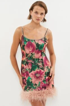 Coast Diamante Trim Mini Dress With Feather Hem