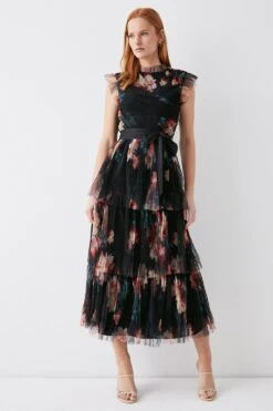 Coast Tiered Mesh Belted Midi Dress