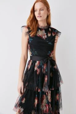 Coast Tiered Mesh Belted Midi Dress -Simply Feminine Shop bcc03614 black xl 2