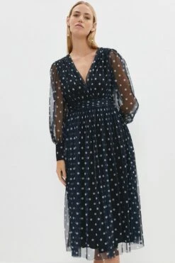 Coast Printed Mesh Plunge Neck Midi Dress