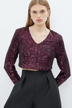 Coast Sequin V Neck Long Sleeve Top