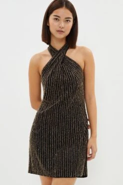 Coast Petite Premium Linear Sequin Cross Neck Dress