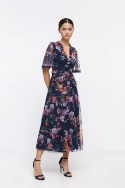 Coast Petite V Neck Angel Sleeve Mesh Dress