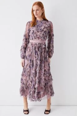 Coast Diamond Ruffle High Neck Mesh Dress