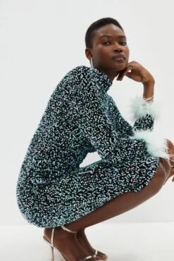 Coast Sequin Midi Dress With Feather Cuff