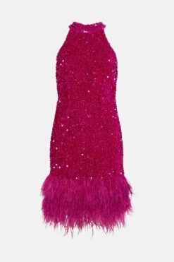 Coast Sequin Velvet Mini Dress With Feather Hem -Simply Feminine Shop bcc04057 pink xl 3
