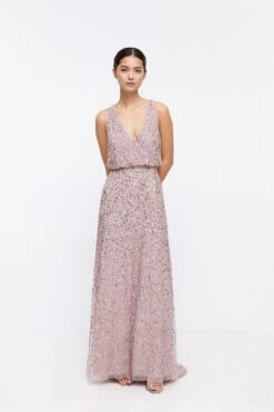 Coast Petite V Neck Blouson Sequin Maxi Dress