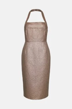 Coast Sparkle Jacquard Halter Neck Pencil Dress -Simply Feminine Shop bcc04186 gold xl 3