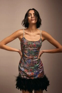 Coast Julie Kuyath Feather Hem Printed Sequin Mini Dress