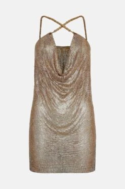 Coast Cowl Neck Chainmail Mini Dress 9 Coast Cowl Neck Chainmail Mini Dress -Simply Feminine Shop bcc04276 gold xl 3