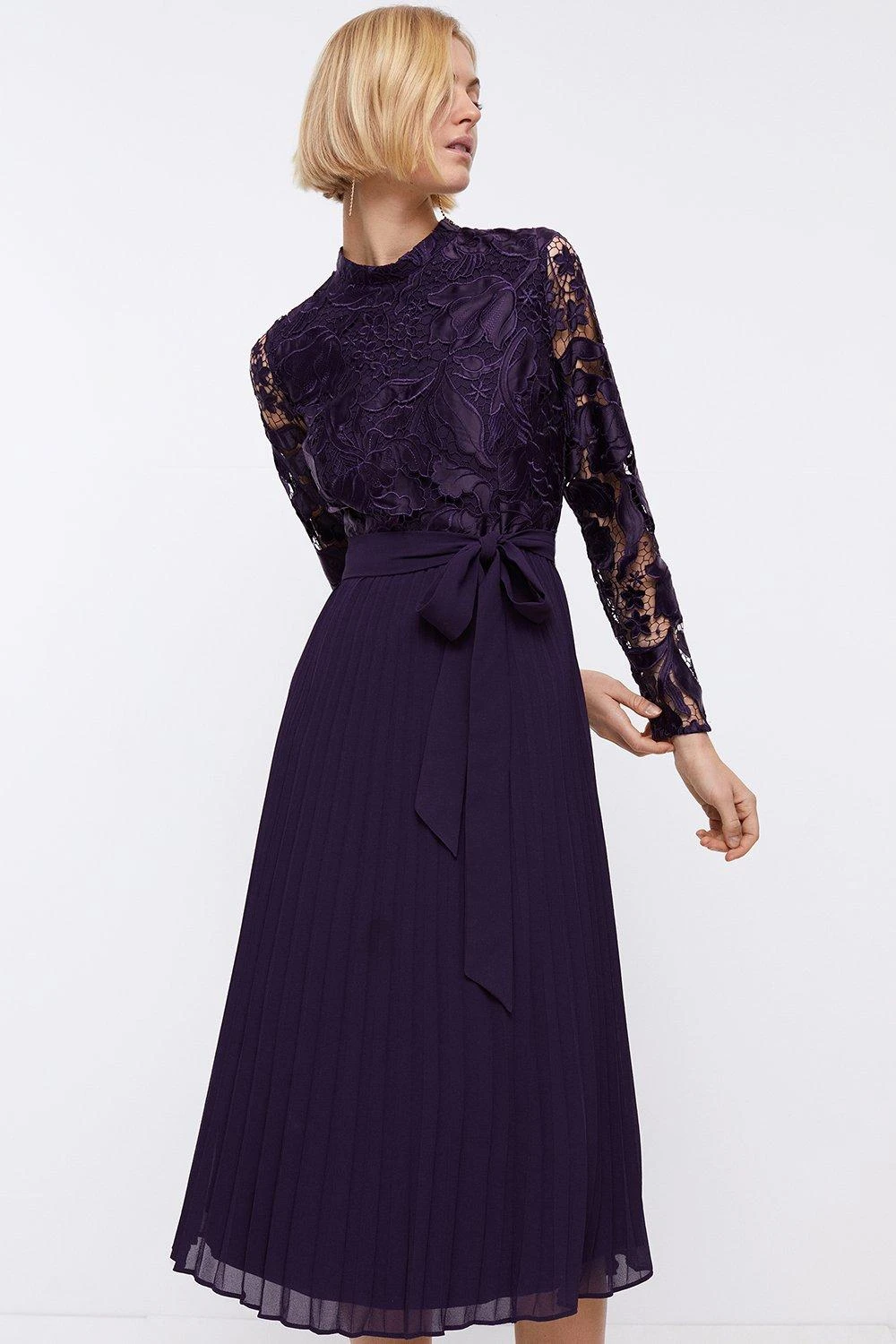 Coast Long Sleeve Scallop Lace Bodice Pleat Skirt Dress 3 Coast Long Sleeve Scallop Lace Bodice Pleat Skirt Dress