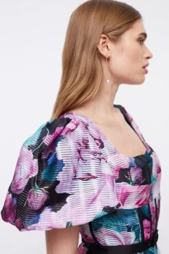 Coast Printed Puff Sleeve Textured Organza Midi Dress -Simply Feminine Shop bcc04414 pink xl 1