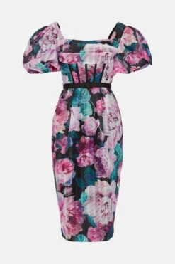 Coast Printed Puff Sleeve Textured Organza Midi Dress -Simply Feminine Shop bcc04414 pink xl 3