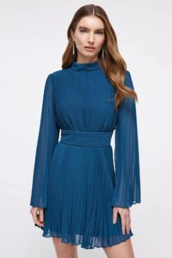 Coast Pleated Flare Sleeve Tie Neck Mini Dress