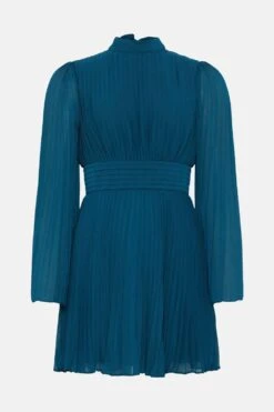 Coast Pleated Flare Sleeve Tie Neck Mini Dress -Simply Feminine Shop bcc04576 teal xl 3