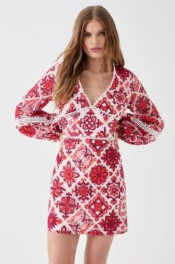 Coast Long Sleeve Tile Lace Waist Panel Mini Dress