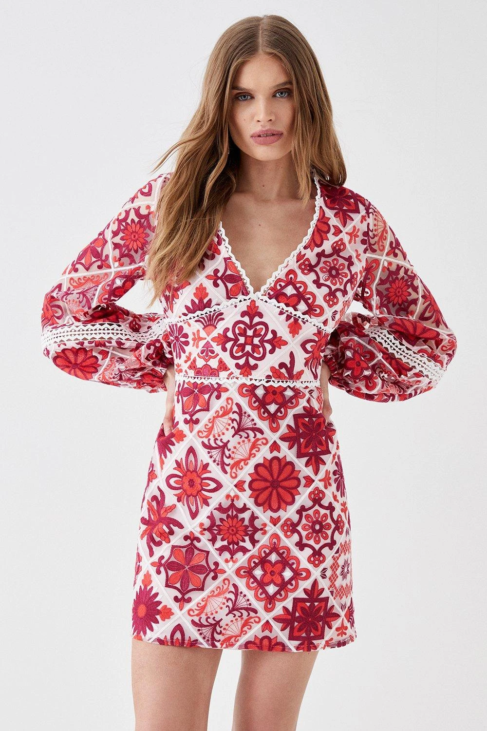 Coast Long Sleeve Tile Lace Waist Panel Mini Dress 3 Coast Long Sleeve Tile Lace Waist Panel Mini Dress