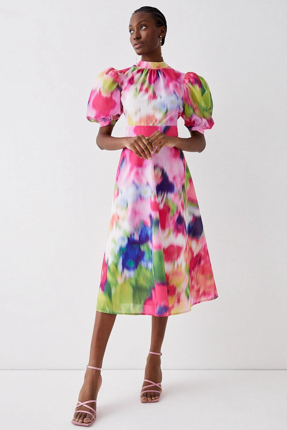 Coast Blurred Floral Puff Sleeve Cutout Back Midi Dress 3 Coast Blurred Floral Puff Sleeve Cutout Back Midi Dress