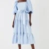 Coast Puff Sleeve Belted Cotton Tiered Midi Dress