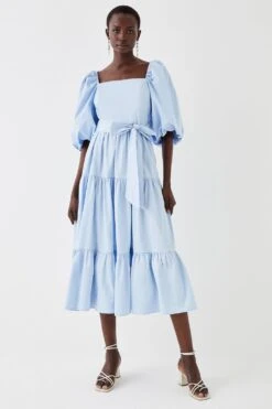 Coast Puff Sleeve Belted Cotton Tiered Midi Dress