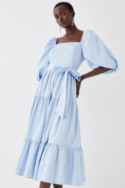 Coast Puff Sleeve Belted Cotton Tiered Midi Dress -Simply Feminine Shop bcc05171 light20blue xl 1